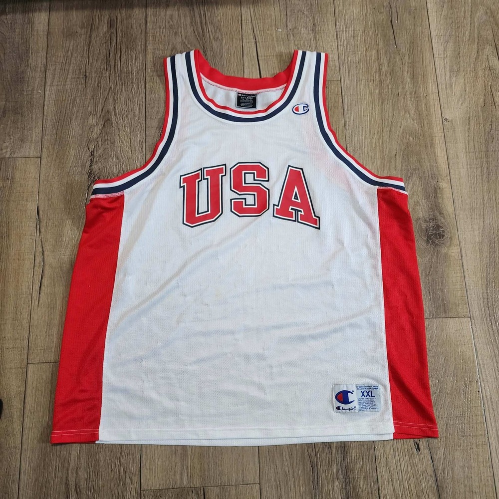 Vintage 90s Champion USA Basketball Jersey Mens XXL White Red Blue Mesh Tank